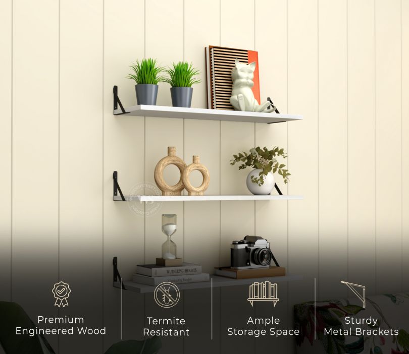 Aloft Wall Shelf With Bracket, Modern Wood Metal Wall Mounted Shelves For Living Room/Bedroom/Bathroom/Outdoor Set of (Frosty White)