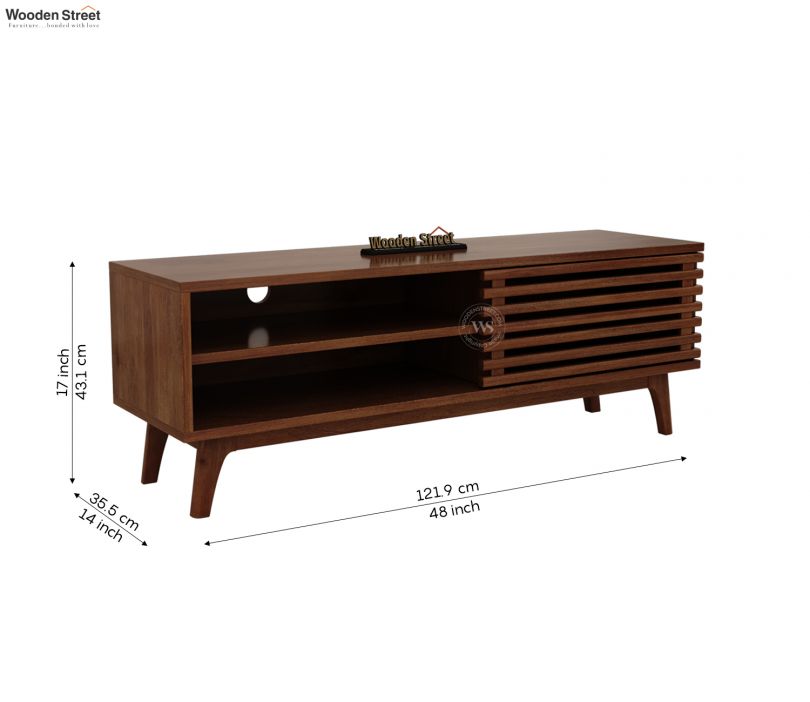 Dimension Image 1 - Axcel Solid Wood TV Unit With Pull Down Drawer & Open Shelves | Contemporary Design & Ample Storage TV Media Console Suitable For Up To 50 Inch TV (Mango Wood, Honey Finish)