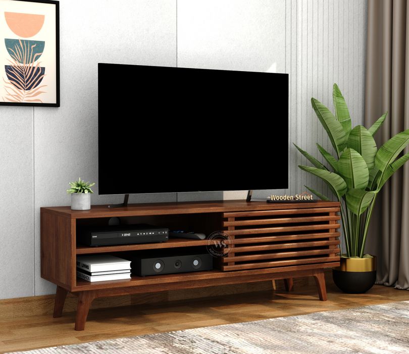 Front Image 1 - Axcel Solid Wood TV Unit With Pull Down Drawer & Open Shelves | Contemporary Design & Ample Storage TV Media Console Suitable For Up To 50 Inch TV (Mango Wood, Honey Finish)