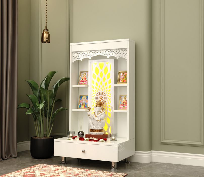 Front Image 1 - Dhruvit Home Temple With Inbuilt LED Light System (White Finish)