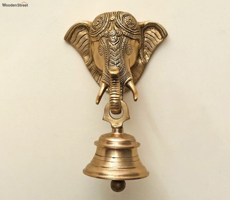 Brass Lord Ganesha Mask with Bell Wall Hanging Brass Lord Ganesha Mask with Bell Wall Hanging
