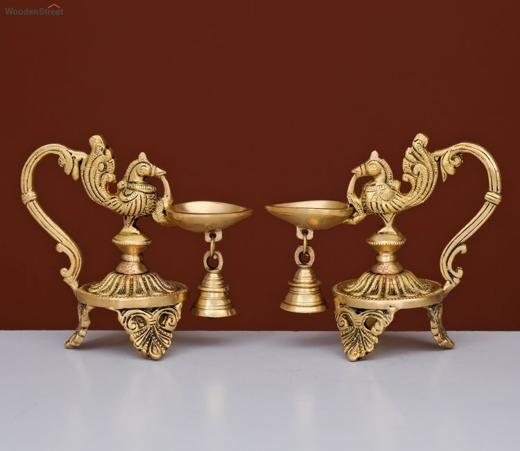 Set of 2-Brass Annam Bird Diya with Bell Oil Lamp Set of 2-Brass Annam Bird Diya with Bell Oil Lamp