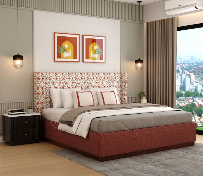 Front Image 1 - Kesarth Luxe Fabric Bed with High Rise Headboard & Storage (King Size, Red Upholstery)