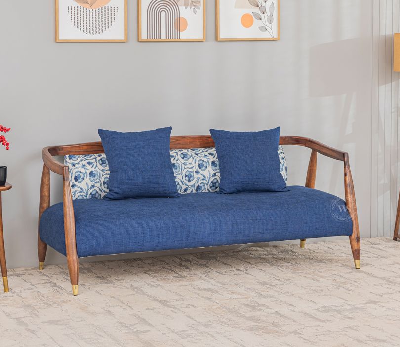 Front Image 1 - Forresta 3 Seater Floral Printed Fabric Wooden Sofa With Brass Cap Legs (Blue)