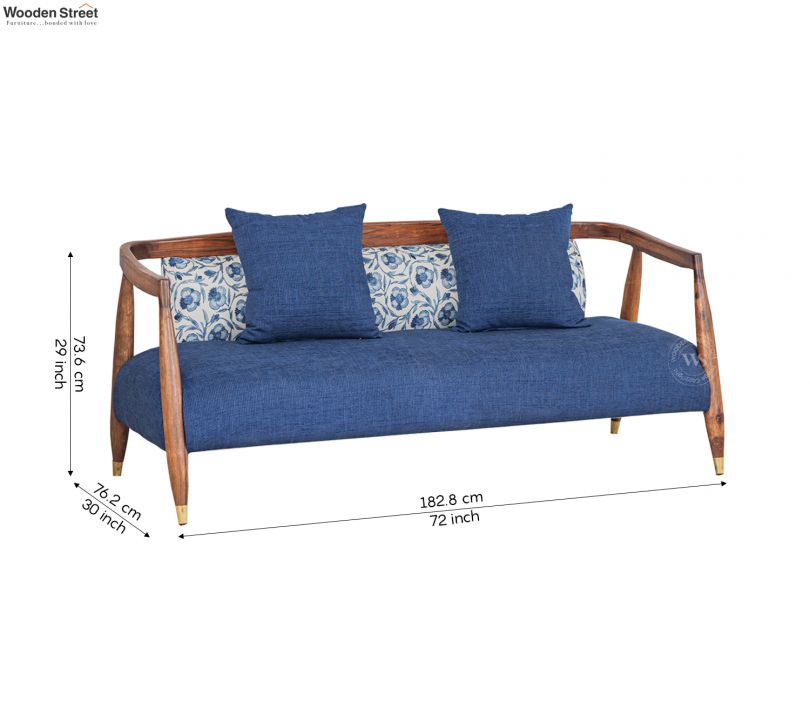 Dimension Image 1 - Forresta 3 Seater Floral Printed Fabric Wooden Sofa With Brass Cap Legs (Blue)
