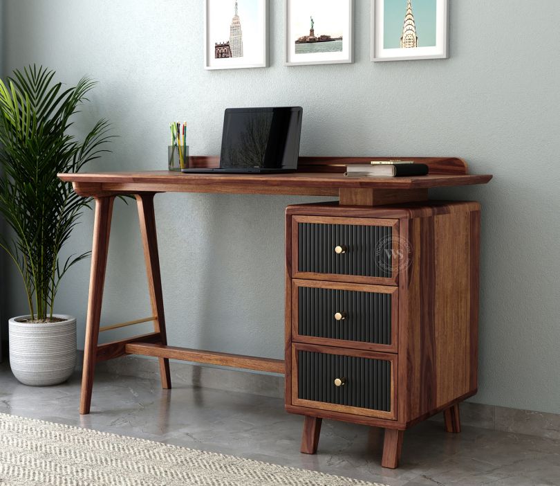 Front Image 1 - Gulliver Sheesham Wood Study Table with Three Drawers (Teak Finish)