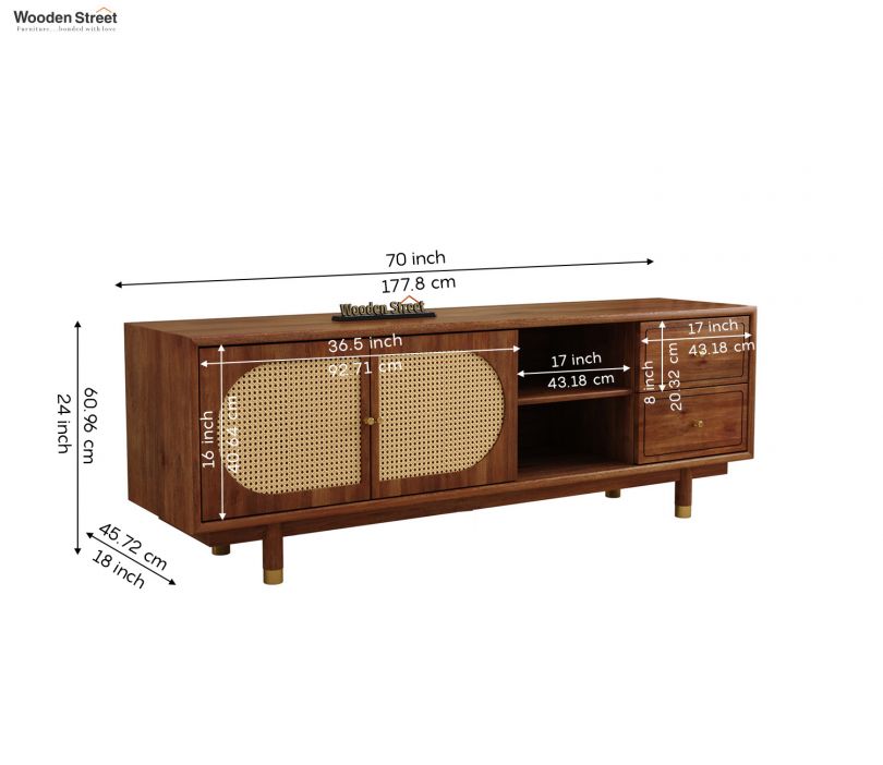 Dimension Image 1 - Glide Premium Solid Wood TV Unit with Cane Panel Cabinet (Mango Wood, Teak Finish)