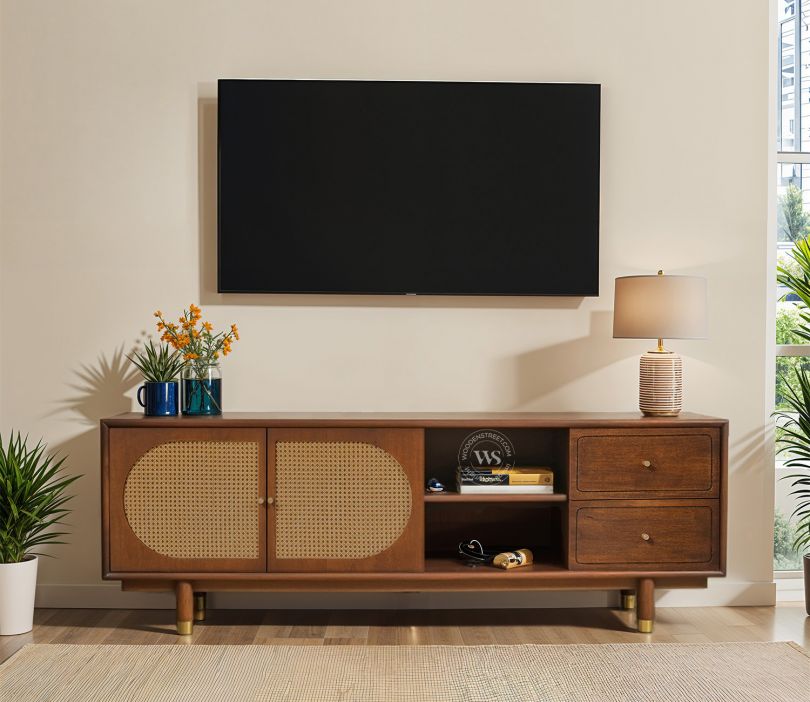 Front Image 1 - Glide Premium Solid Wood TV Unit with Cane Panel Cabinet (Mango Wood, Teak Finish)