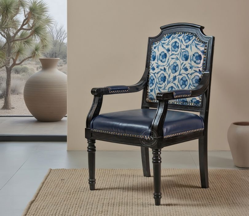 Front Image 1 - Heritage Dual Upholstery Sheesham Wood Arm Chair with Brass Detailing (Blue)