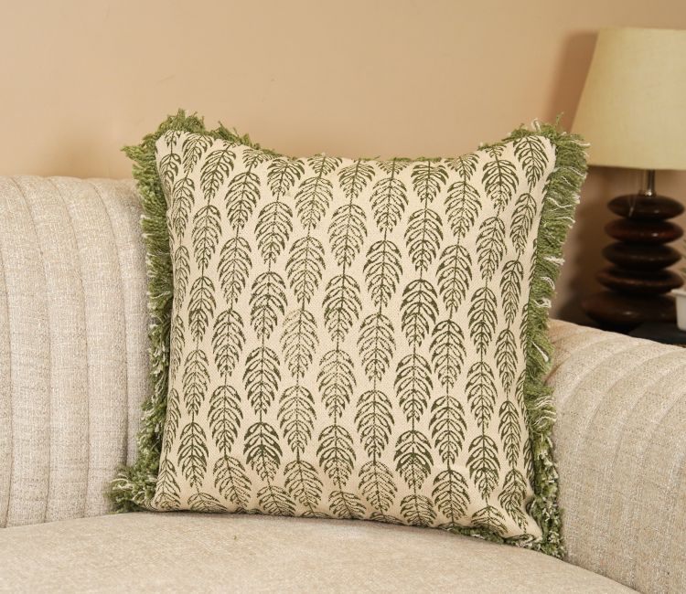 Set of 2 - Green Chandi Mati Kantha Work Cotton Cushion Cover (16 x 16 in)