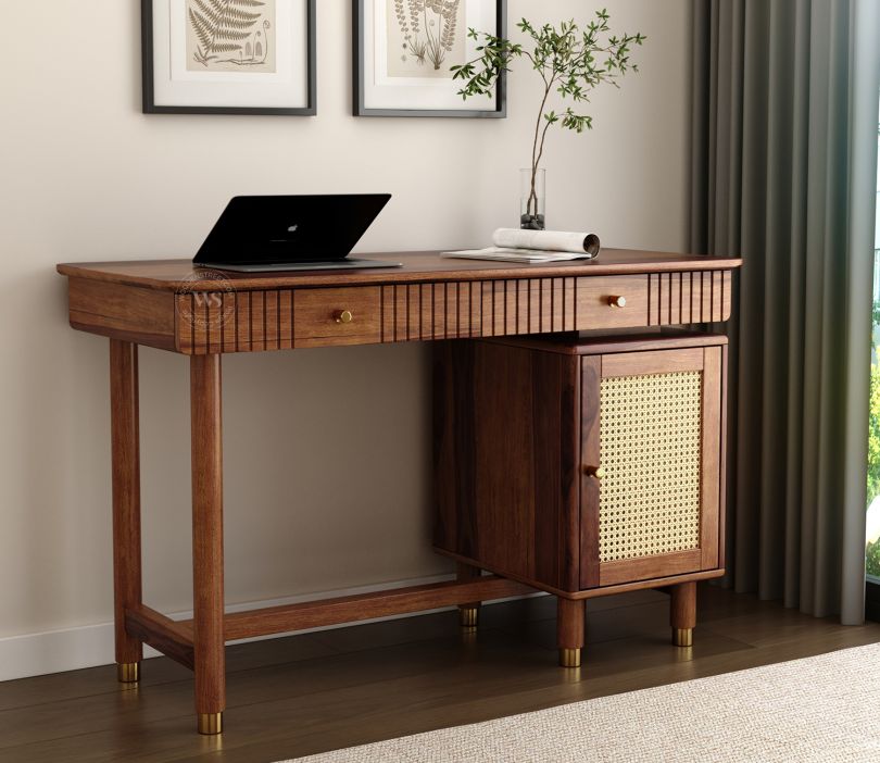 Front Image 1 - Kalam Modern Designer Sheesham Wood Study Table with Cane Accents & Drawer Storage (Teak Finish)