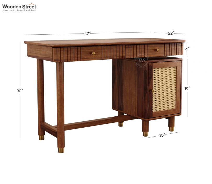 Dimension Image 1 - Kalam Modern Designer Sheesham Wood Study Table with Cane Accents & Drawer Storage (Teak Finish)