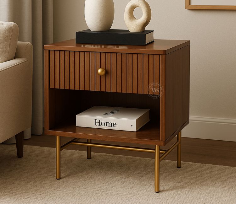 Madilin European Ash Wood Bedside Table with Fluted Drawer &amp; Open Shelf (Teak Finish)