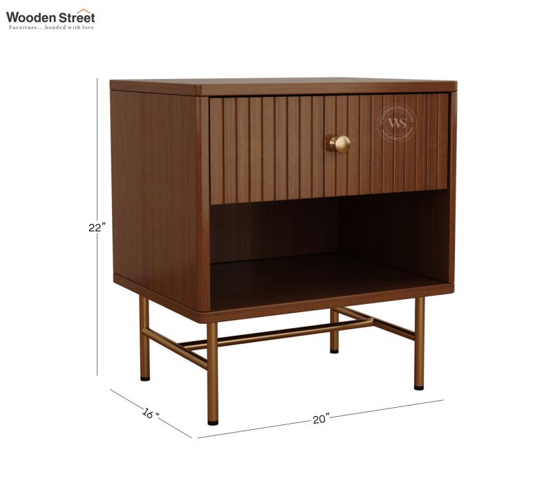 Dimension Image 1 - Madilin European Ash Wood Bedside Table with Fluted Drawer & Open Shelf (Teak Finish)