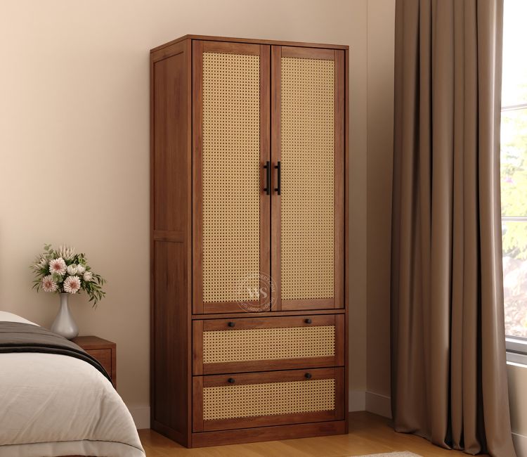 Riwaaz Sheesham Wood Wardrobe With Cane Accent (Teak Finish)