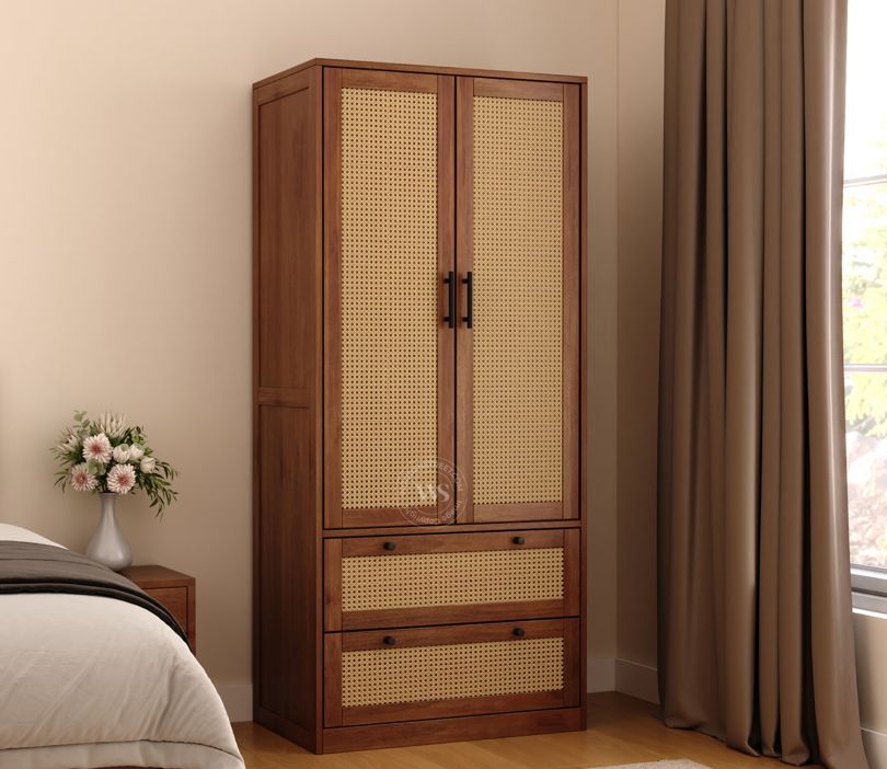 Front Image 1 - Riwaaz Sheesham Wood Wardrobe With Cane Accent (Teak Finish)