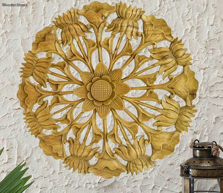 Lotus Hand Carved Yellow Wooden Wall Panel Lotus Hand Carved Yellow Wooden Wall Panel | decorative wall panels low price