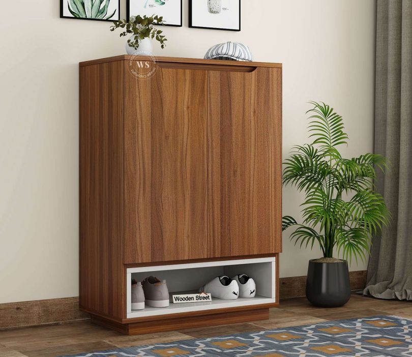 Front Image 1 - Hector Engineered Wood Shoe Cabinet with Frosty White Drawer (Exotic Teak Finish)
