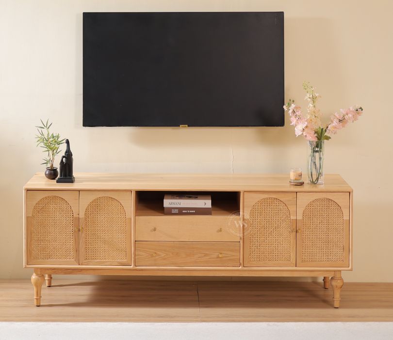 Front Image 1 - Stellon Premium European Ash Wood TV Unit with Cane Cabinets (Natural Finish)