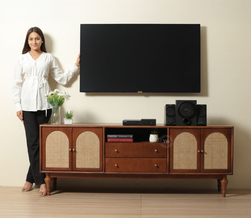 Front Image 1 - Stellon Premium Ash Wood TV Unit with Cane Cabinets (Teak Finish)