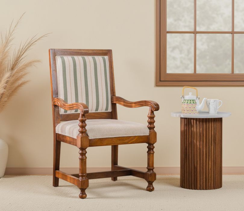 Front Image 1 - Udaya Sheesham Wood Arm Chair (Green Stripe, Teak finish)