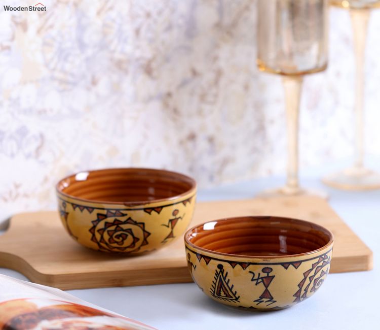 Ceramic Brown Warli Small Bowls Set of 2 buy ceramic serving bowl set price online