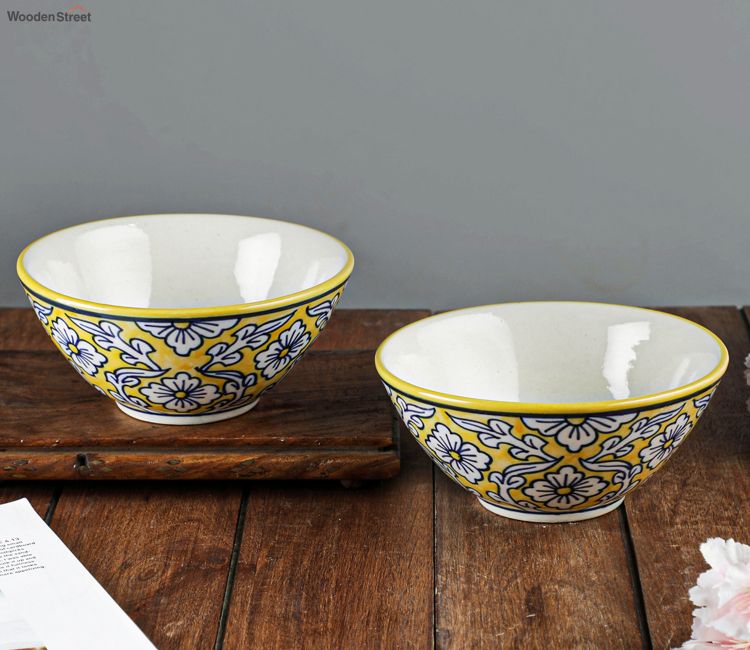 Manohar Small Ceramic Ramen Bowls Set of 2 (Yellow White) buy ceramic serving bowl set price online