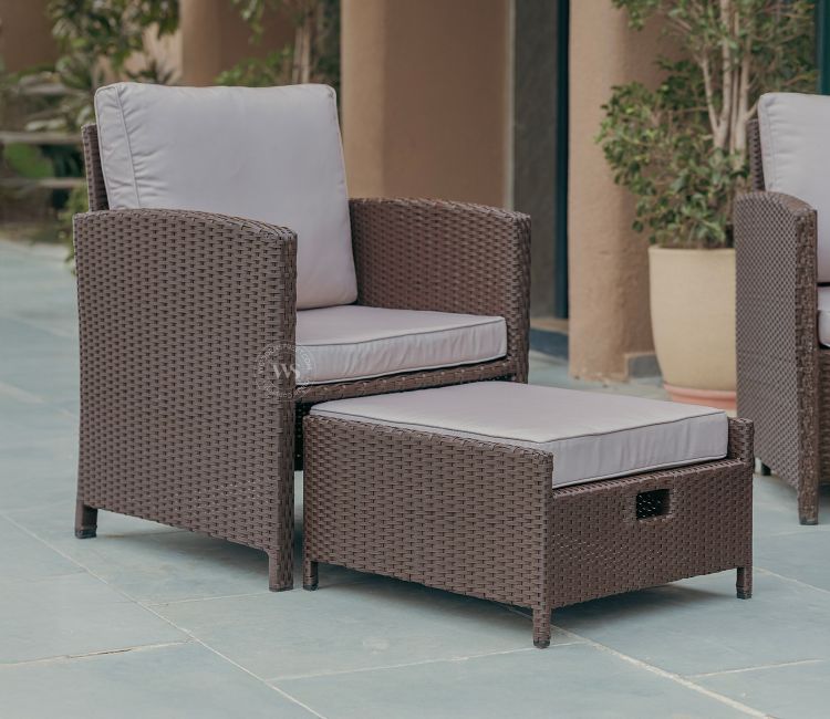 Vivica Premium Wicker 1 Seater Outdoor Chair with Ottoman (Beige)