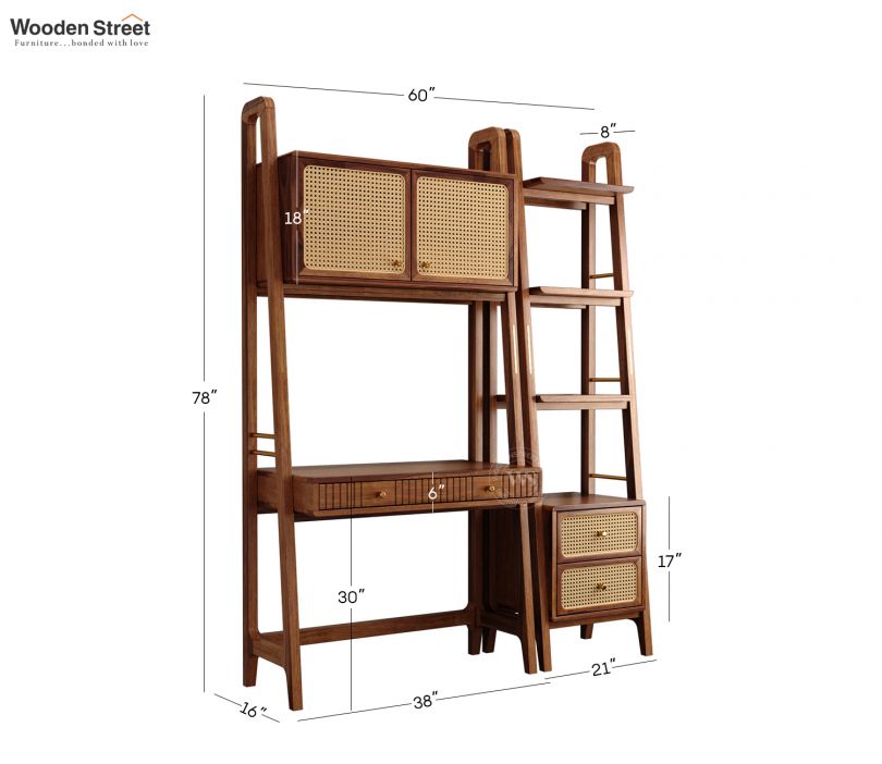 Dimension Image 1 - Vyas Sheesham Wood Study Table with Cane Accent, Drawers, Closed and Open Shelves (Teak Finish)