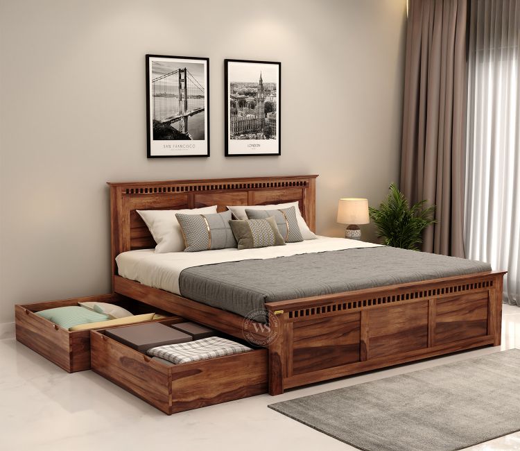 Adolph Sheesham Wood Queen Size Bed With Side Storage (Honey Finish) Buy Queen Size Double Bed in Mumbai, Delhi | Wooden Bed Design | Double Bed At Low Price