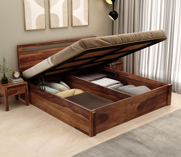 Bacon Sheesham Wood Hydraulic Bed With Storage (Queen Size, Honey Finish) best queen size bed with hydraulic storage online in India, delhi, Jaipur, Pune, Mumbai