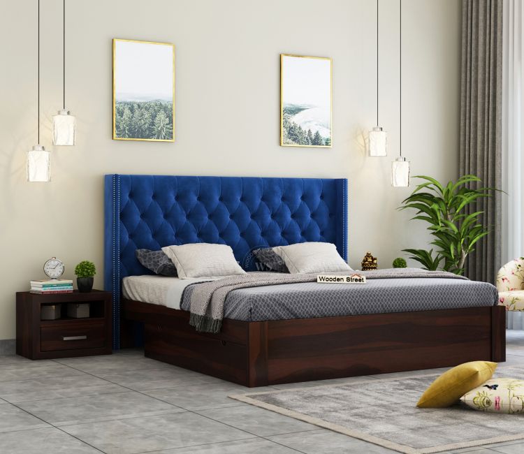 Drewno Sheesham Wood Upholstered Bed With Storage (King Size, Indigo Blue) upholstered bed online India, buy double beds online in India, King Beds online, Bed, Double bed