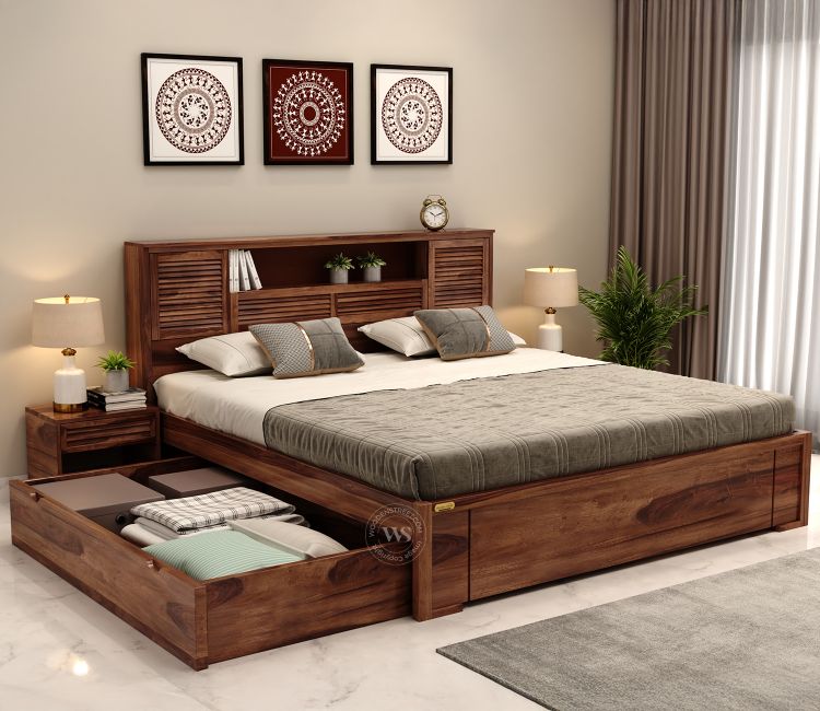 Ferguson Sheesham Wood Bed With Storage Drawers (Queen Size, Honey Finish) Double bed, Space saving beds, Queen Size Beds with storage, buy wooden cots, Beds Online, Bed, Cot