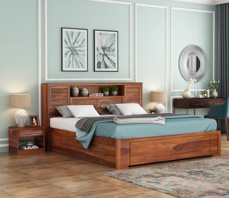 Ferguson Sheesham Wood Hydraulic Bed With Storage (Queen Size, Honey Finish) queen size bed with hydraulic storage | Designer Double Bed Furniture | Queen size bed price - Rs 58,989