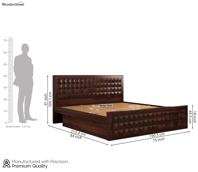 Dimension Image 1 - Morse Sheesham Wood Bed with Drawer Storage (King Size, Walnut Finish)
