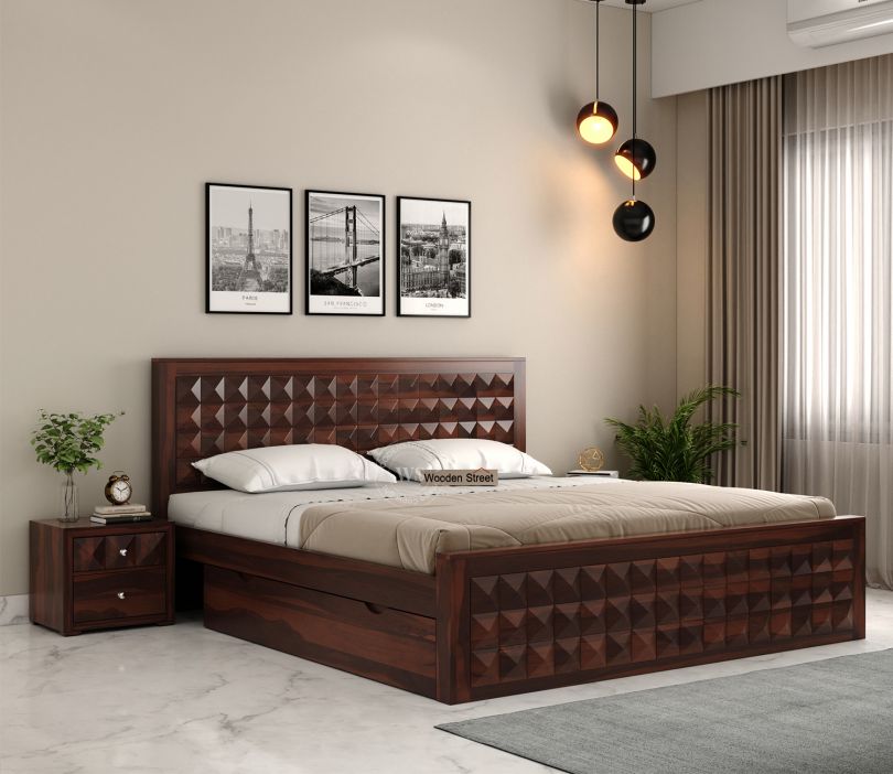 Front Image 1 - Morse Sheesham Wood Bed with Drawer Storage (King Size, Walnut Finish)