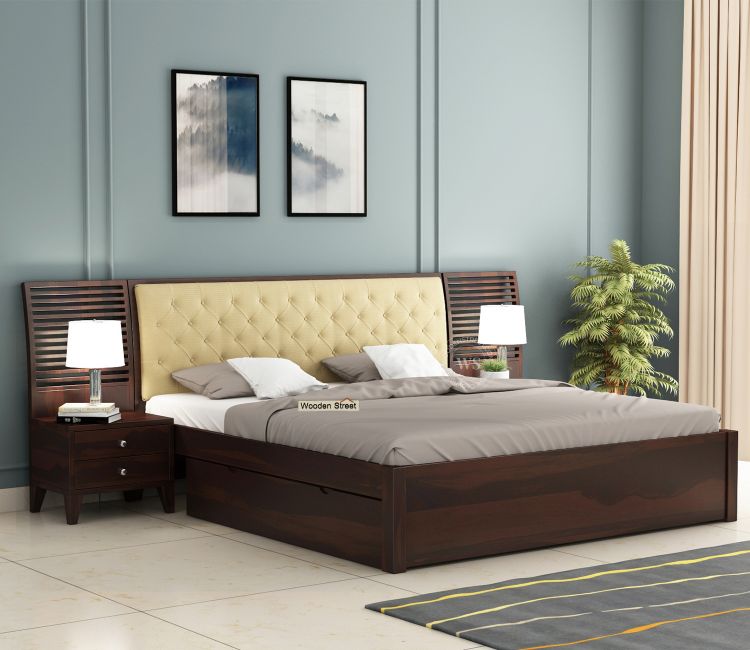 Stylish queen size wooden frame with storage option available at an affordable bed price.