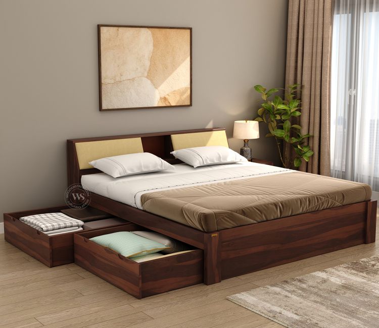 Walken Sheesham Wood Bed with Full Drawer Storage (King Size, Walnut Finish) Beds, best bed design, double Bed price india, Sheesham wood double bed with storage in king size bed design