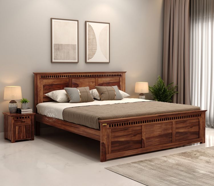 Adolph Sheesham Wood King Size Bed Without Storage (Honey Finish) king size bed price, Master Bed Online, Luxury Bed Design, Wooden Bed, Palang, buy Double bed near me in bangalore, mumbai, pune, jaipur