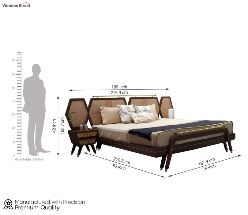 Dimension Image 1 - Divit Teak Wood Bed with Bedside Table (King Size, Teak Finish)