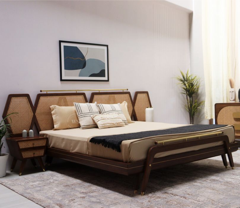 Front Image 1 - Divit Teak Wood Bed with Bedside Table (King Size, Teak Finish)