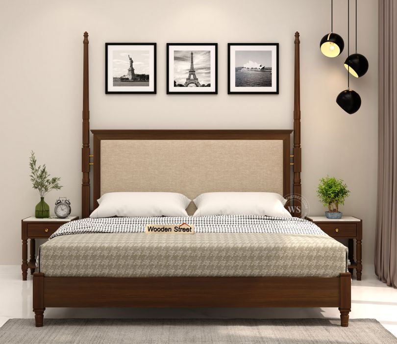Front Image 1 - Regal Ash Wood Upholstered Poster Bed Without Storage (King Size, Teak Finish)
