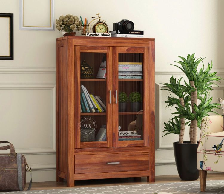 Heimo Bookshelf (Honey Finish) Heimo Bookshelf, glass door bookcase with 2 door and 2 drawers