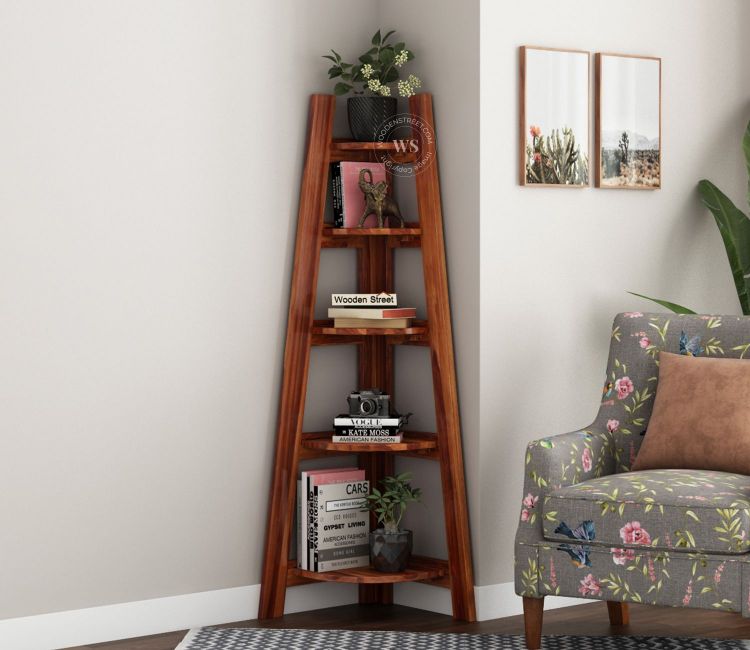 Juniper Book Shelf (Honey Finish) Juniper Book Shelf | Corner book shelf online at low price