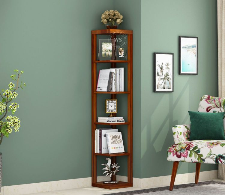 Valley Sheesham Wood Corner Book Shelf (Honey Finish) Valley Book Shelf, bookrack online at low price