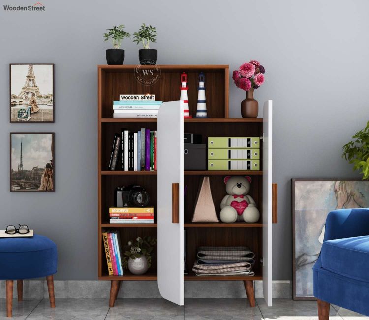 Ren Book Shelf with Storage (Exotic Teak Finish, White) Ren Book Shelf | book rack wooden at low price