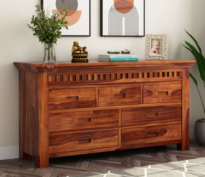 Front Image 1 - Adolph 7-Drawer Wooden Chest Of Drawers (Honey Finish)
