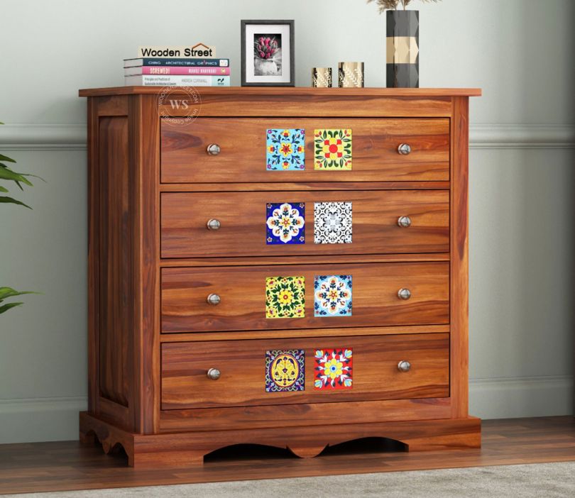 Front Image 1 - Boho 4-Drawer Wooden Chest Of Drawers (Honey Finish)
