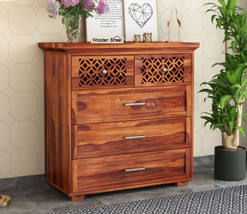 Front Image 1 - Cambrey 5-Drawer Wooden Chest Of Drawers (Honey Finish)