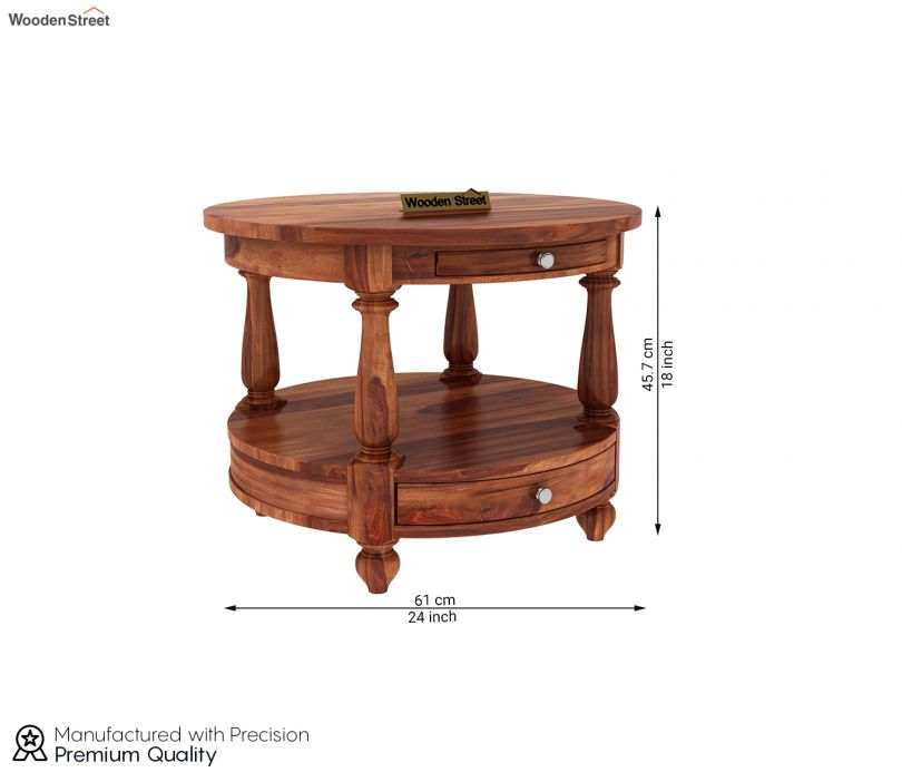Dimension Image 1 - Alice Sheesham Wood Round Coffee Table with Drawers (Honey Finish)